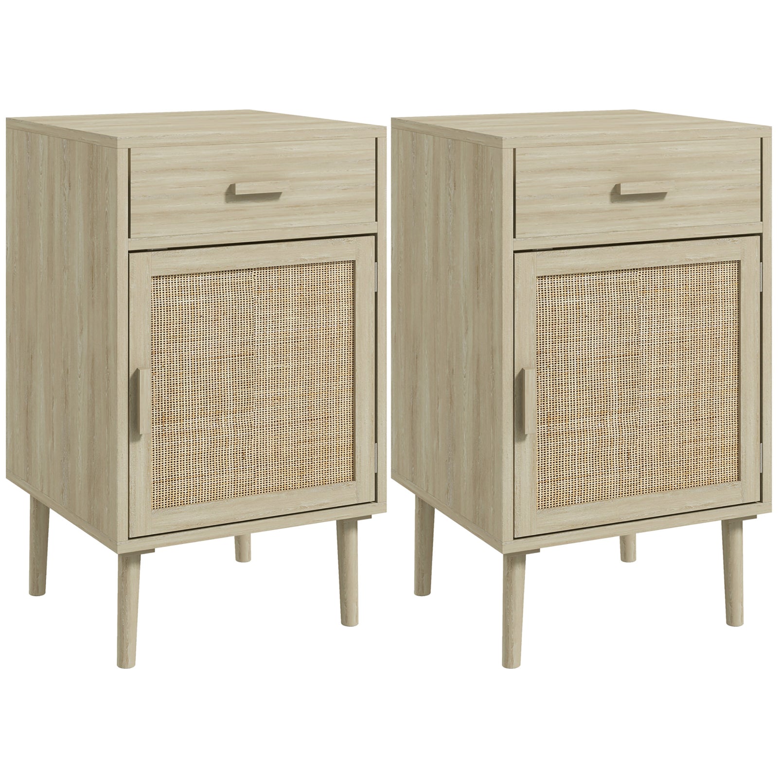 Bedside Table Set of 2, Rattan Side Tables with Drawer, Cabinet and Adjustable Shelf, Boho Bedside Cabinet with Storage for Bedroom, Living Room, Natural Wood Effect