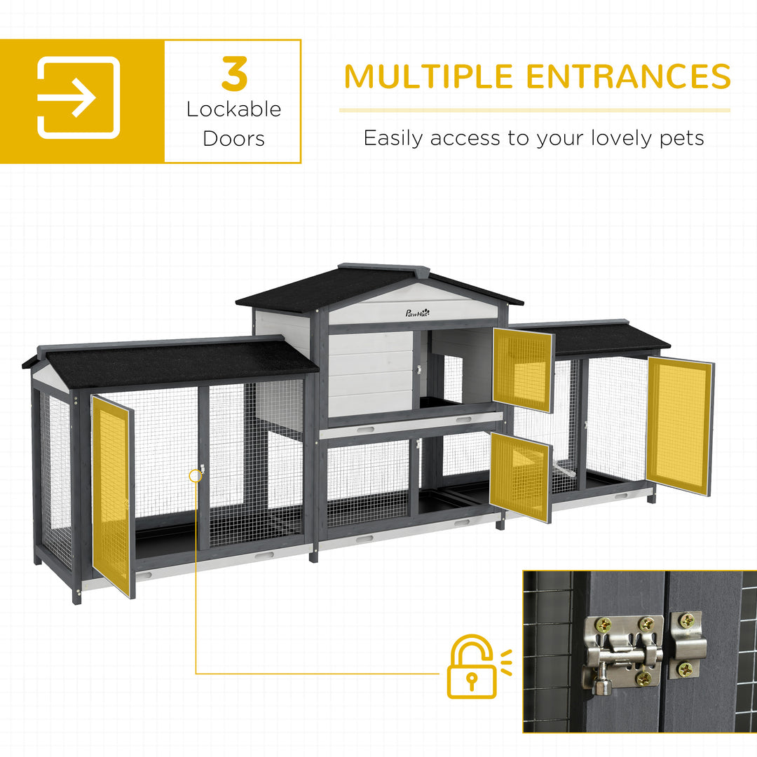 2-Tier Large Rabbit Hutch Outdoor with Double Side Run Boxes, No-leak Plastic Tray, Ramp, 230 x 53 x 93.5cm, Light Grey