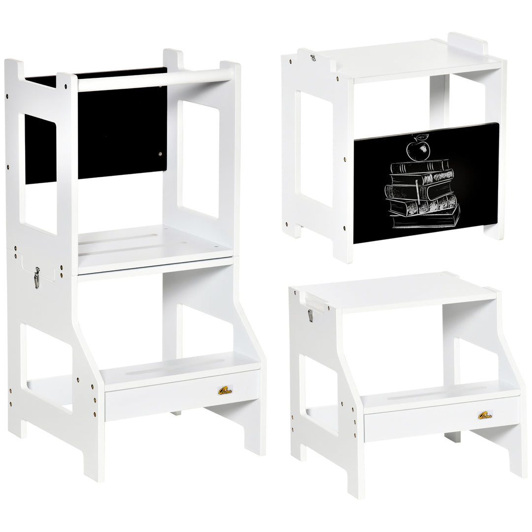 2 in 1 Kids Kitchen Step Stool with Safety Rail Toddler Steps with Chalkboard for Kitchen Bathroom, White