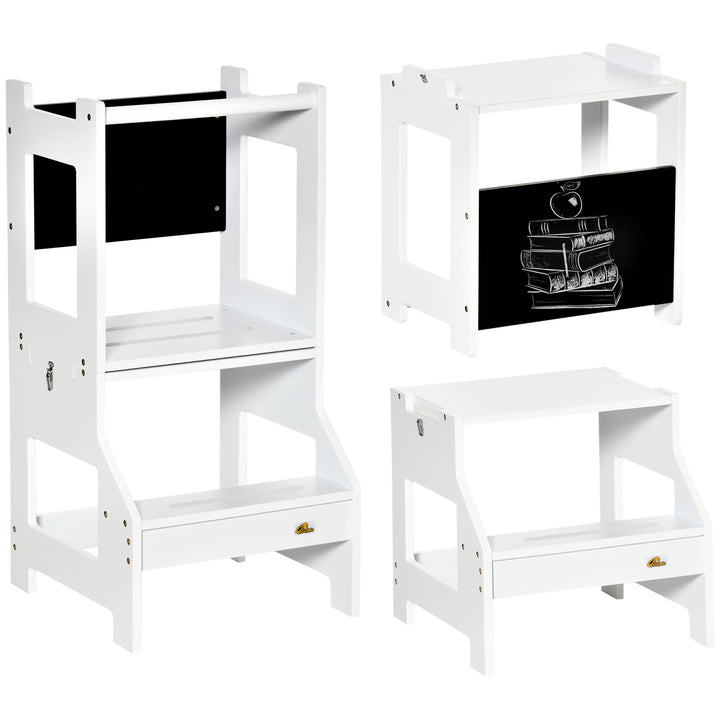 2 in 1 Kids Kitchen Step Stool with Safety Rail Toddler Steps with Chalkboard for Kitchen Bathroom, White