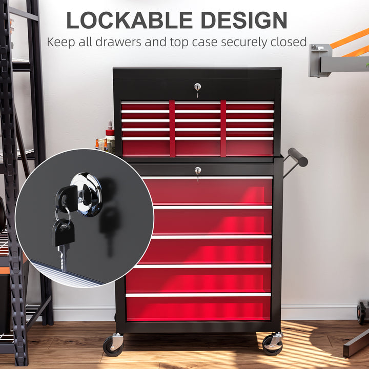 14 Drawer, Two-Part Tool Storage Chest on Wheels - Red