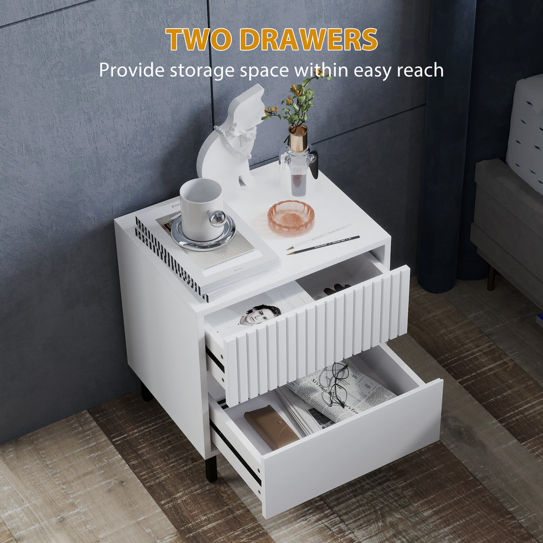 Simple Line Indented Two-Drawer Bedside Table Set of 2 - White