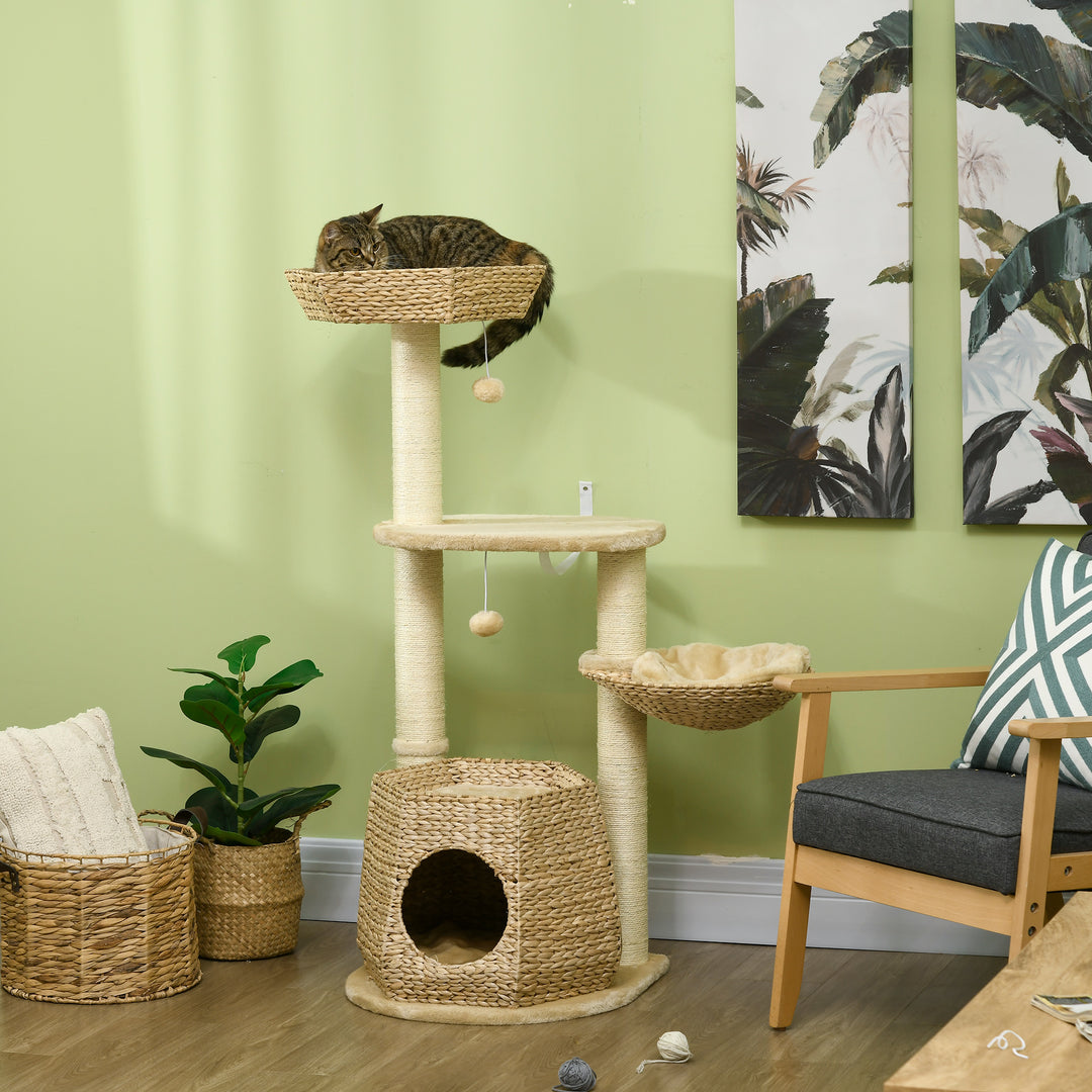 PawHut Cat Tree Tower: Climbing Activity Centre with Cattail, Bed, House, Sisal Scratching Post, Hanging Ball, Natural Tones | Aosom UK