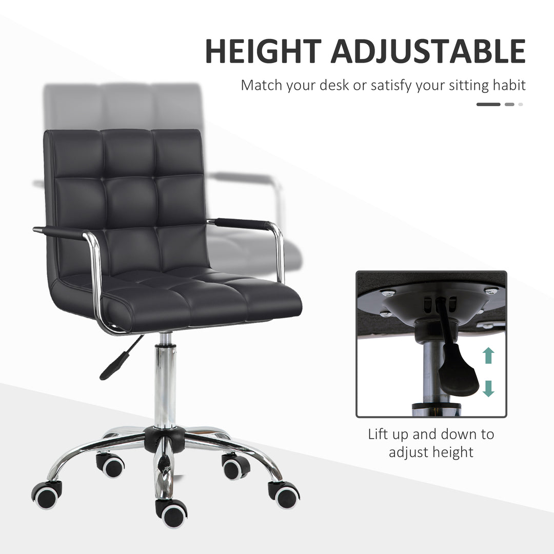Office Chair, Makeup Vanity Chair, Mid Back Computer Chair, PU Leather Swivel Study Chair with Adjustable Height, Armrest and Rolling Wheels, Black