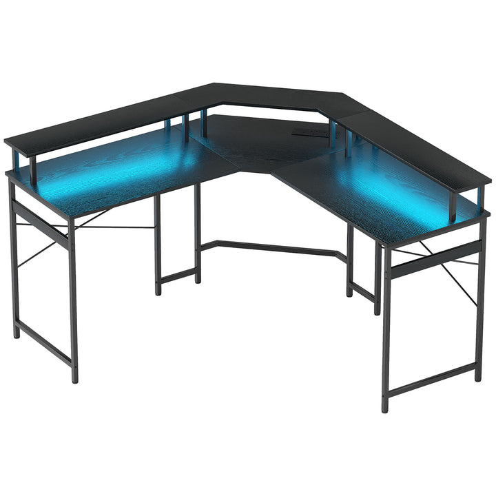 L' Shaped Work Desk, with LED Lights - Black