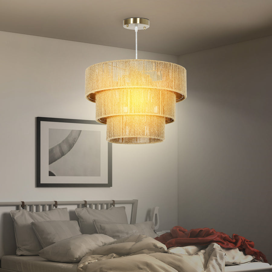 Hemp Rope Ceiling Light, 3-Layer Boho Pendant Light, E14 Vintage Ceiling Lamp Fixtures for Living Room, Bedroom, Kitchen, Hallway, Light Brown