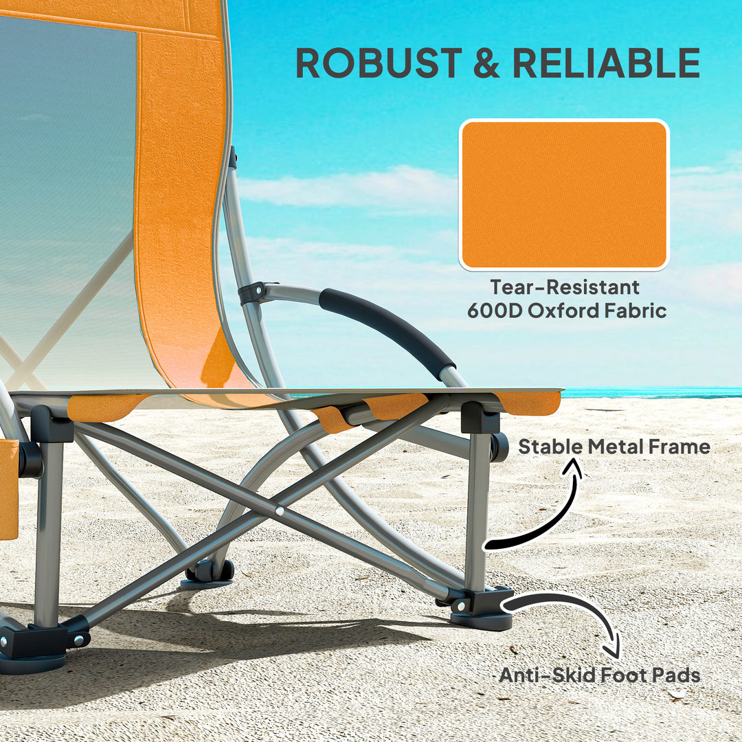 Set of 2 Folding Beach Chair, Low Camping Chair with Mesh Back, Carry Bag and Cup Holder for Garden Outdoor Picnic Festival Travel, Orange
