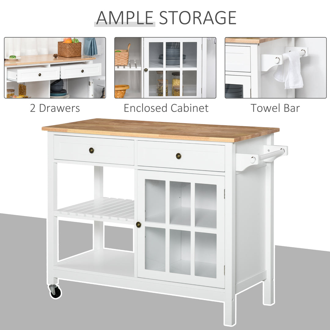 HOMCOM Modern Kitchen Island on Wheels, Kitchen Trolley Storage Cart with 2 Drawers, Cabinet, Towel Rack, Rubber Wood Top for Dining Room, White