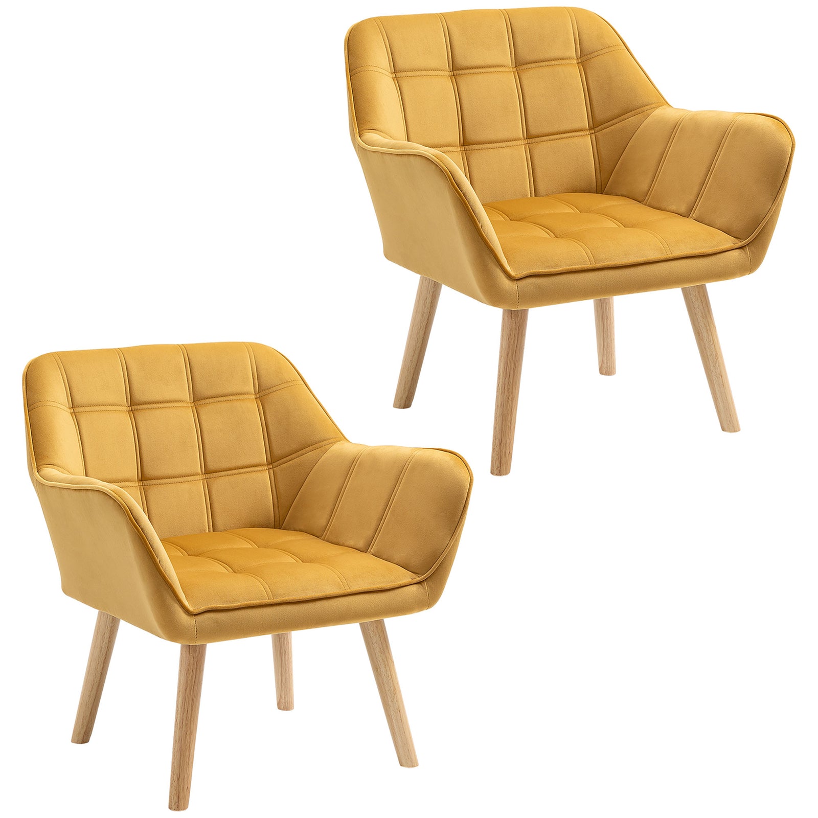 Armchair Accent Chair, Vanity Chair with Wide Arms, Slanted Back, Padding, Metal Frame, Wooden Legs, Home Bedroom Furniture Seating, Set of 2, Yellow