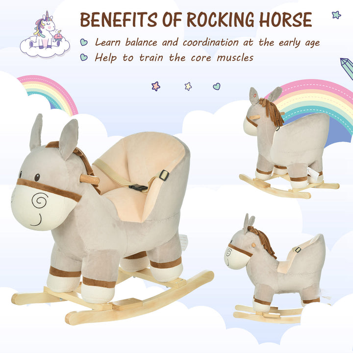 Kids Children Rocking Horse Plush Ride On Donkey Seat w/ Sound Wood Base Seat Safety Belt Toddler Baby Toy Rocker Grey 18 - 36 Months