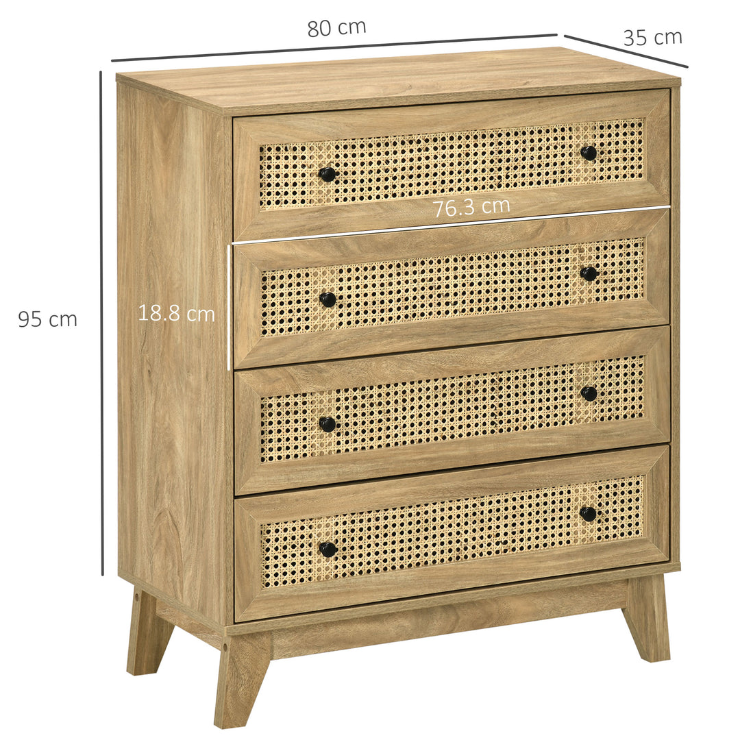 MCL Storage Cabinet, 4-Drawer Unit with Rattan Element for Bedroom, Living Room, 80cmx35cmx95cm, Wood Effect