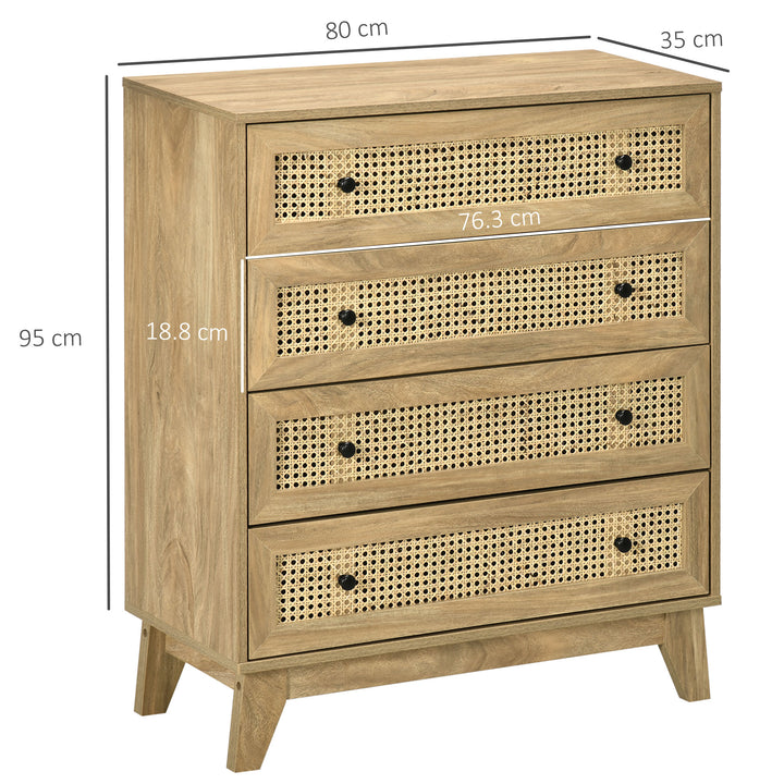 MCL Storage Cabinet, 4-Drawer Unit with Rattan Element for Bedroom, Living Room, 80cmx35cmx95cm, Wood Effect