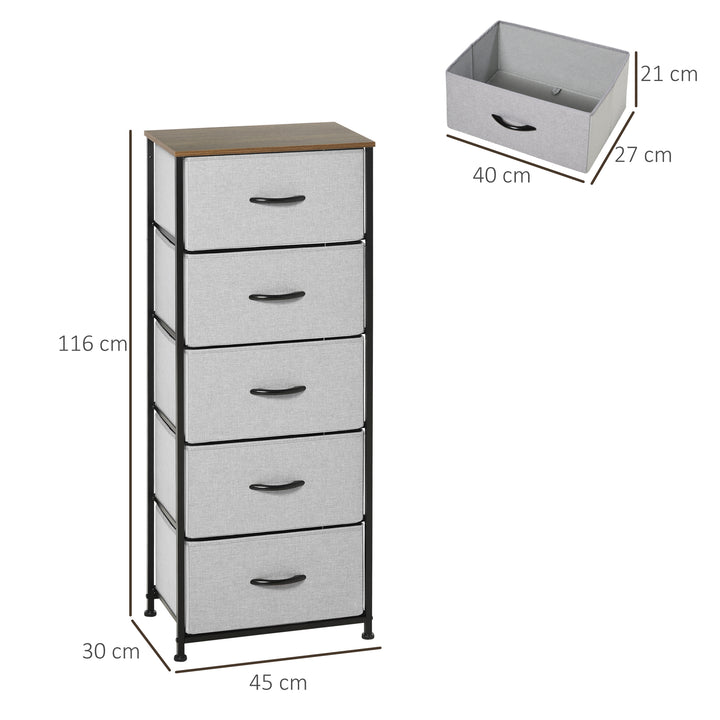 HOMCOM Bedroom Dresser with 5 Fabric Drawers, Industrial Chest of Drawers, Steel Frame with Wooden Top for Nursery, Grey | Aosom UK