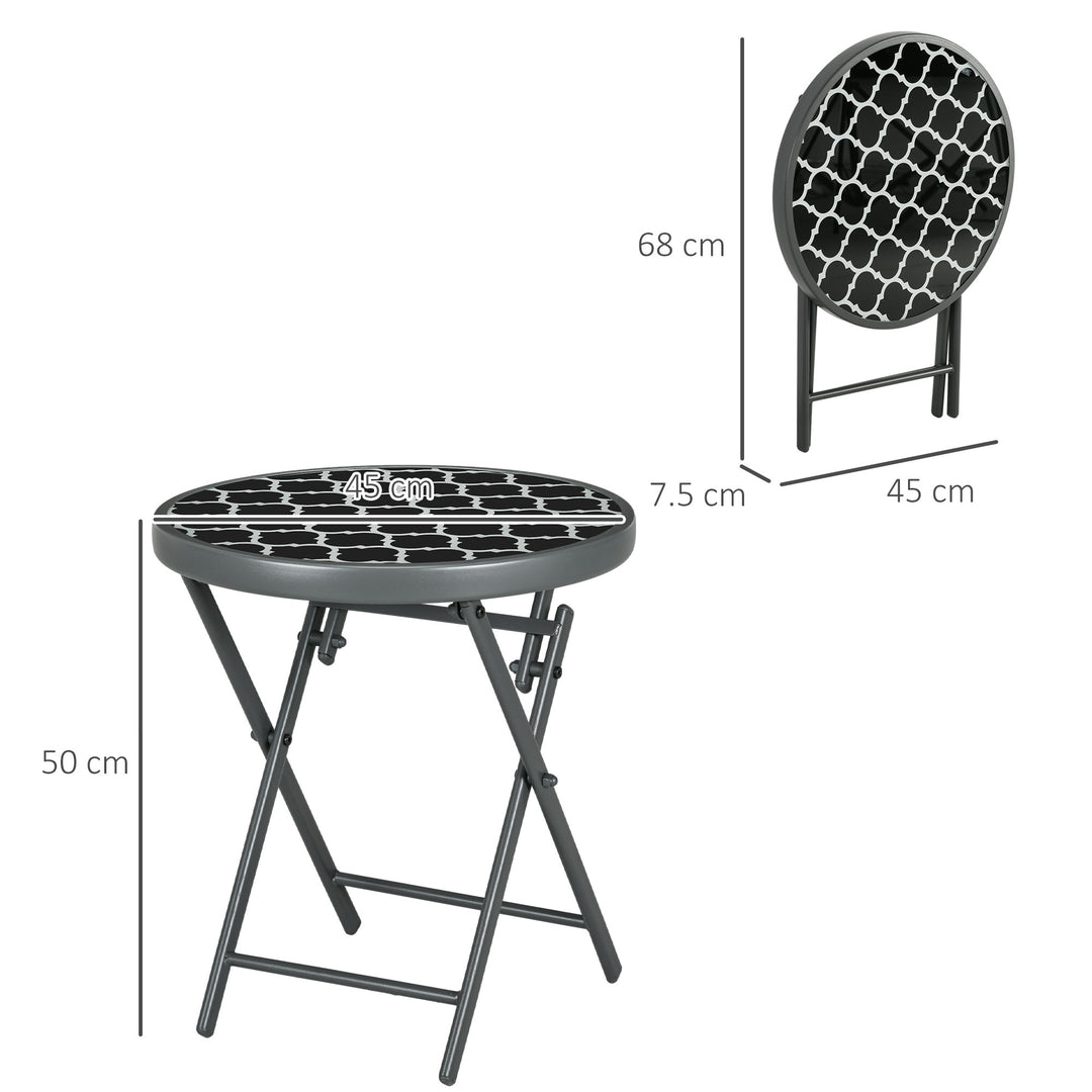 Φ45cm Garden Side Table, Outdoor Round Folding Patio Table with Imitation Marble Glass Top, Small Coffee Table, Black and White