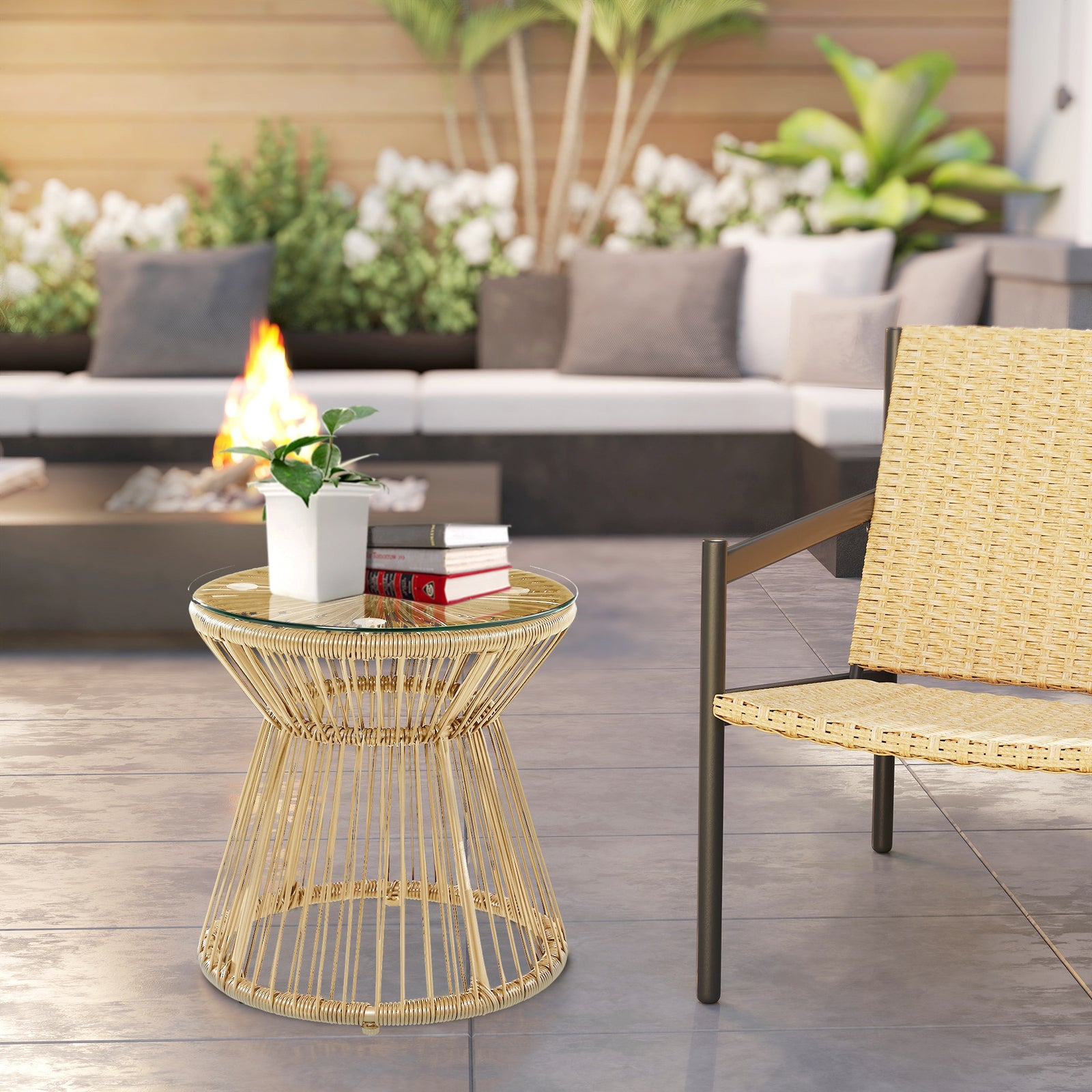 Round End Table, Rattan Side Table, Hollow Drum Design Coffee Table w/ Glass Tabletop for Patio, Garden, Balcony Natural