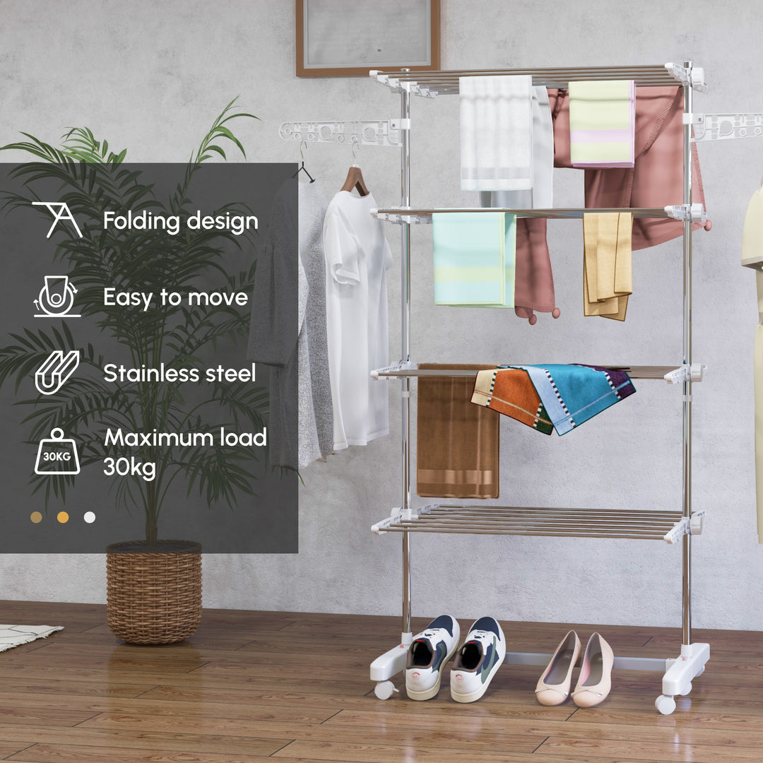 Four-Shelf Collapsing Clothes Horse, With Side Arms and Wheels - White
