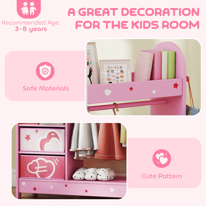 Kids Clothes Rail, Kids Wardrobe with Mirror, Shelves, Fabric Storage and Hooks for Bedroom, Nursery