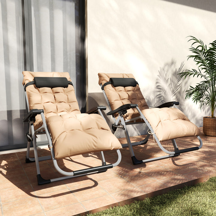 2 Piece Reclining Zero Gravity Sun Loungers with Cushions, Khaki