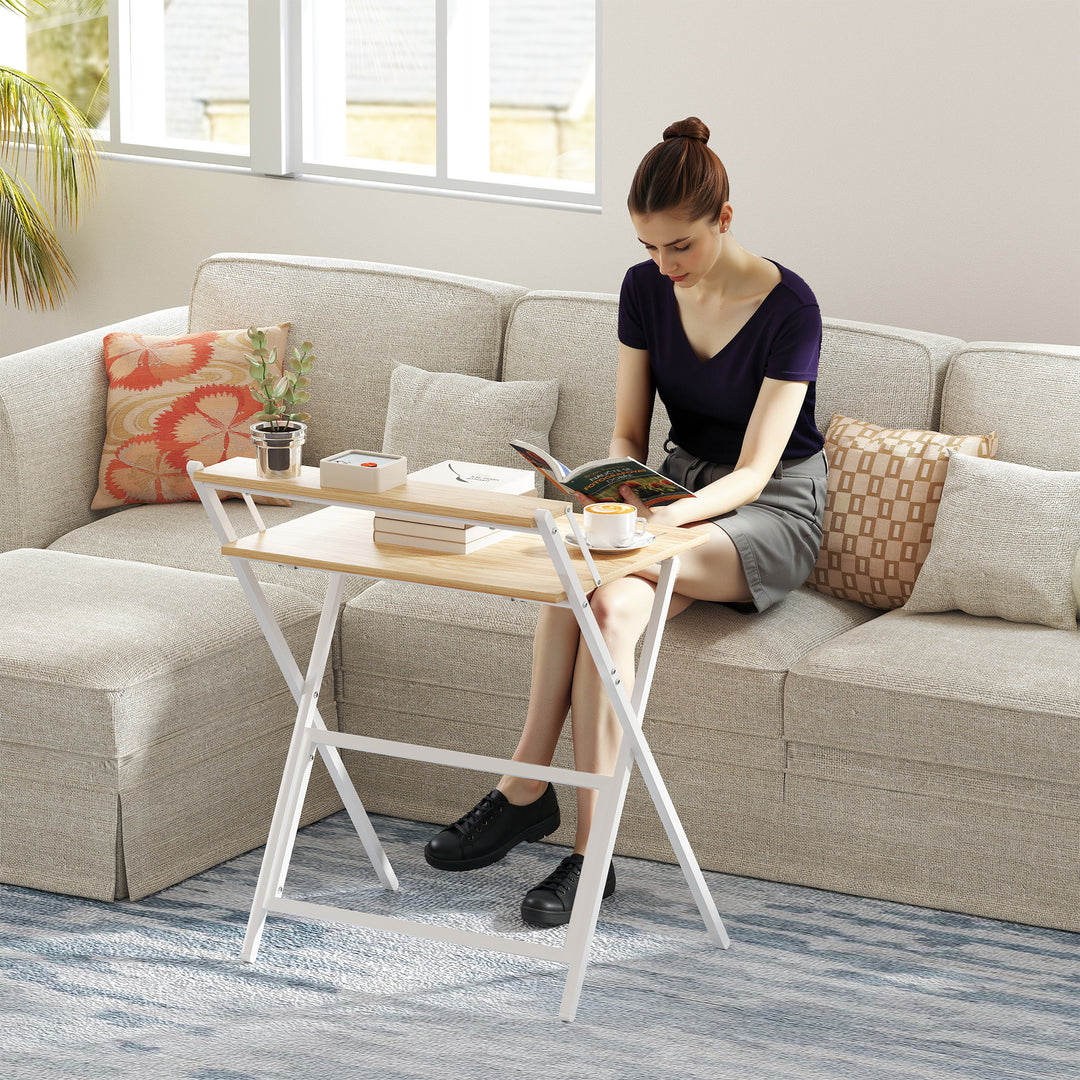 70 cm Folding Computer Desk with Monitor Shelf - Natural Wood Finish