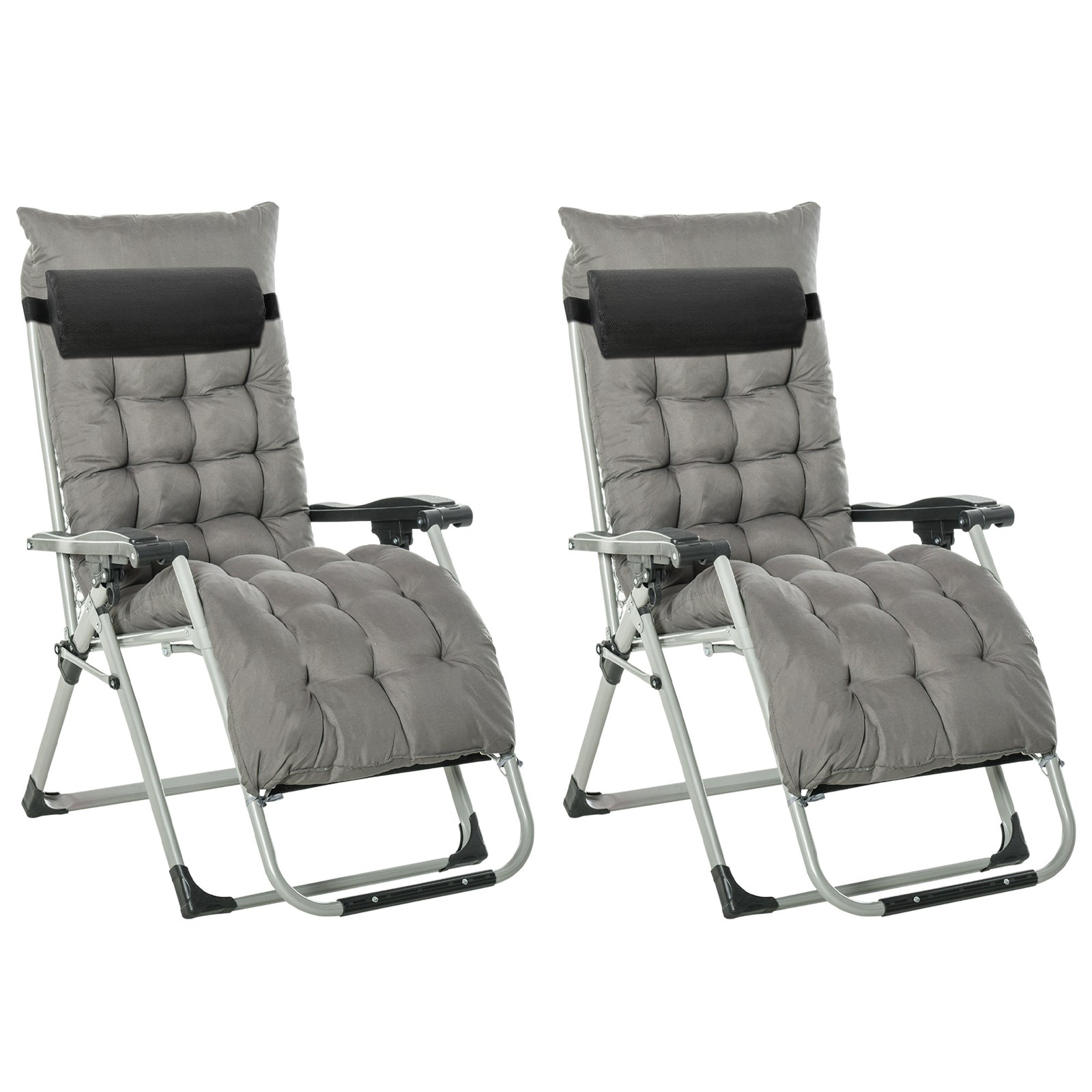 2pc Reclining Zero Gravity Sun Loungers ,Folding Chaise Lounge Chair with Cushions, Dark Grey