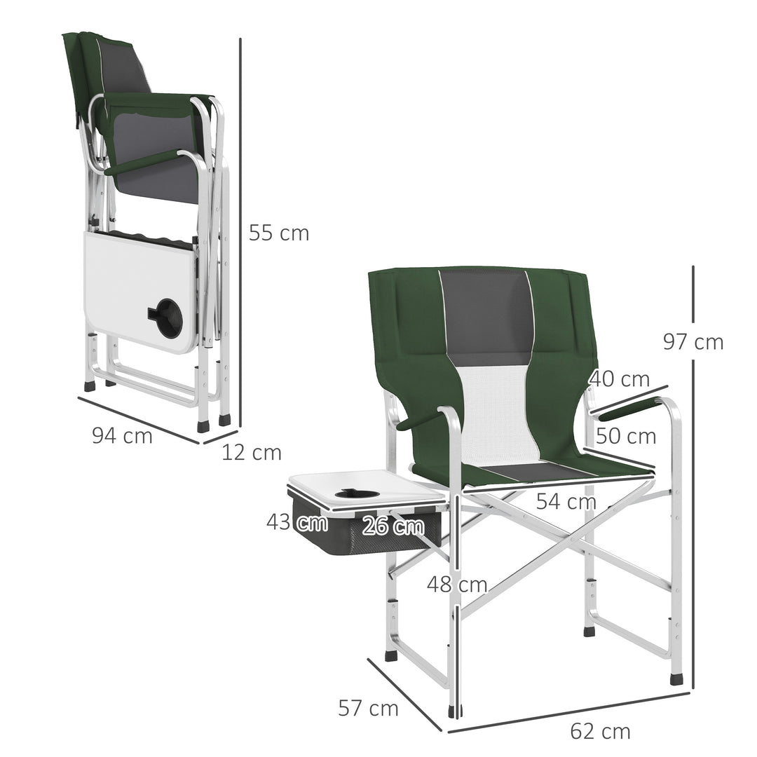 Outsunny Folding Directors Chair in Aluminium, Green, with Side Table, Cup Holder, Cooler Bag and Storage Pocket for Camping