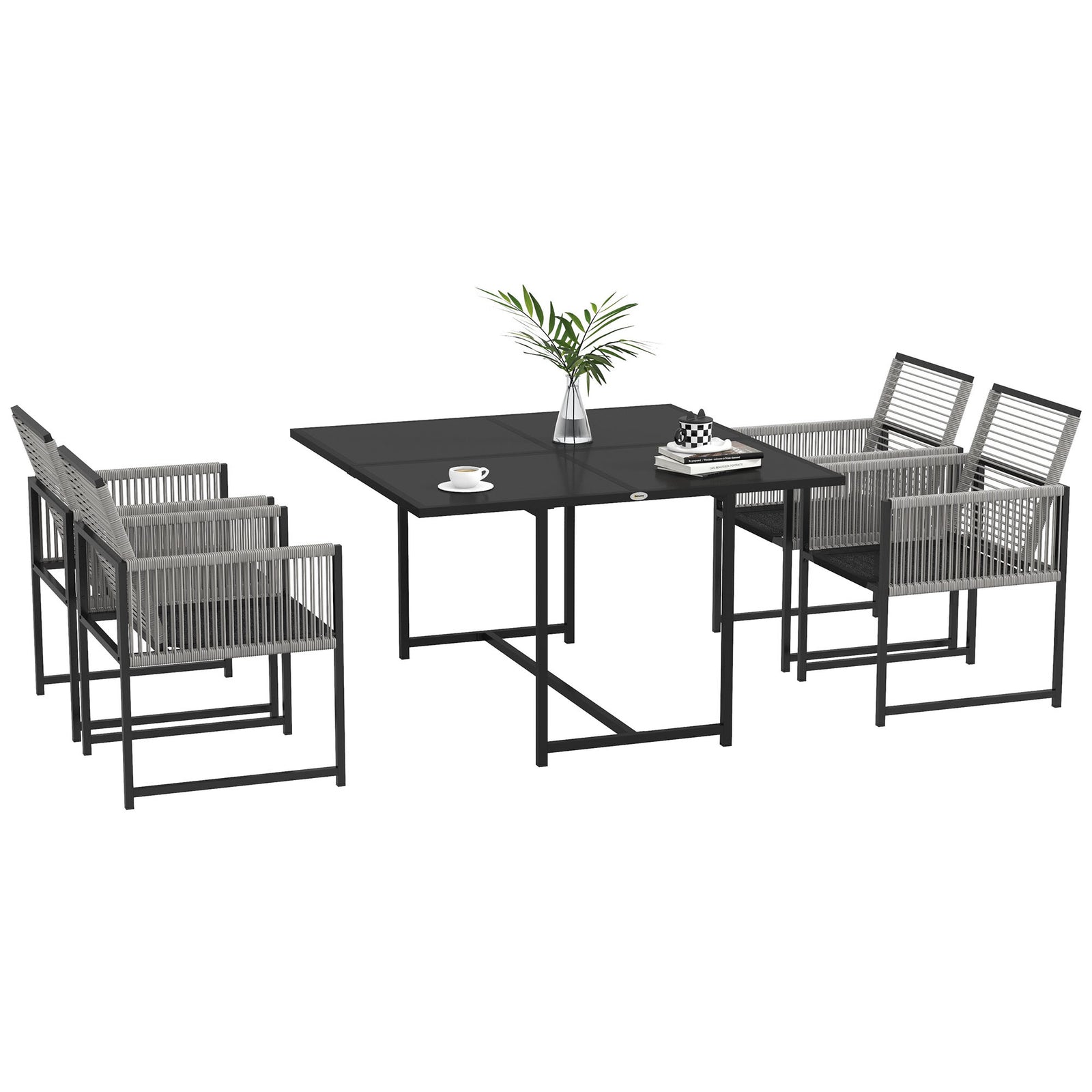 Five-Piece Metal Dining Set, with Folding Back Chairs, Light Grey