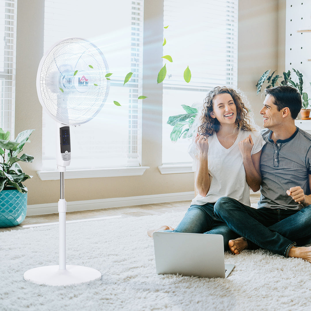 16'' Pedestal Stand Fan, 3 Speed 3 Mode, 85° Oscillation, LED Panel, 3M Remote Controller, Height Adjustable for Living Room, Bedroom, Garage, Office, Black and White