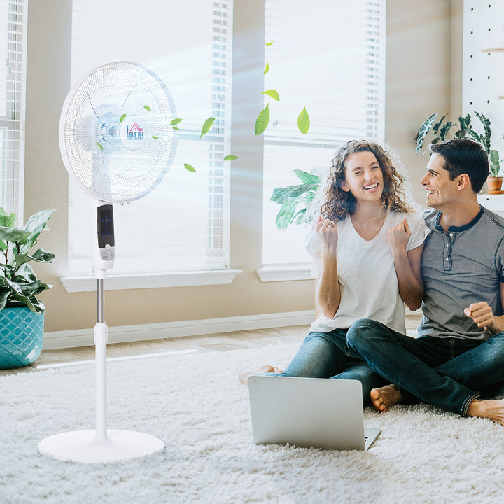 16'' Pedestal Stand Fan, 3 Speed 3 Mode, 85° Oscillation, LED Panel, 3M Remote Controller, Height Adjustable for Living Room, Bedroom, Garage, Office, Black and White