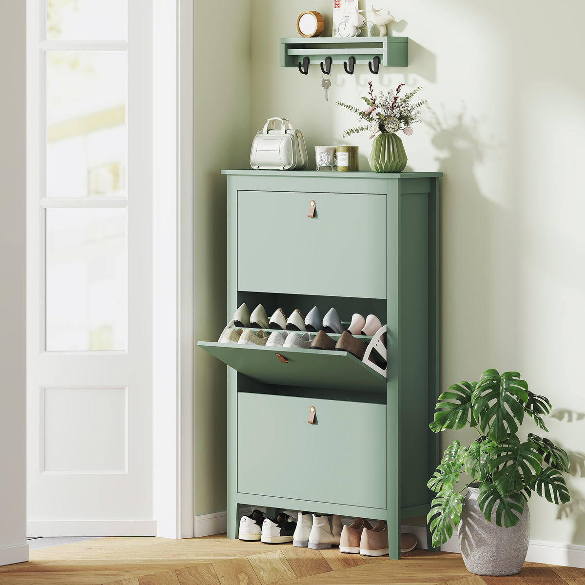 Modern Three-Drawer Shoe Cabinet - Green - view 2