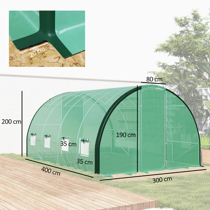 4 x 3(m) Polytunnel Greenhouse, with Windows and Doors - Green