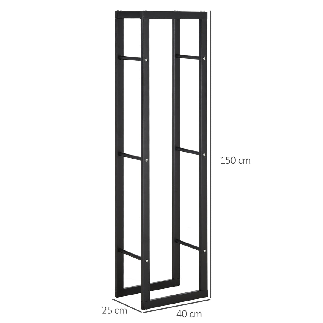 Metal Firewood Log Holder Tall Firewood Rack Indoor Outdoor Fireplace Wood Storage Shelf with Side Rails, Rust-Resistant, Black, 40W x 25D x 150H cm