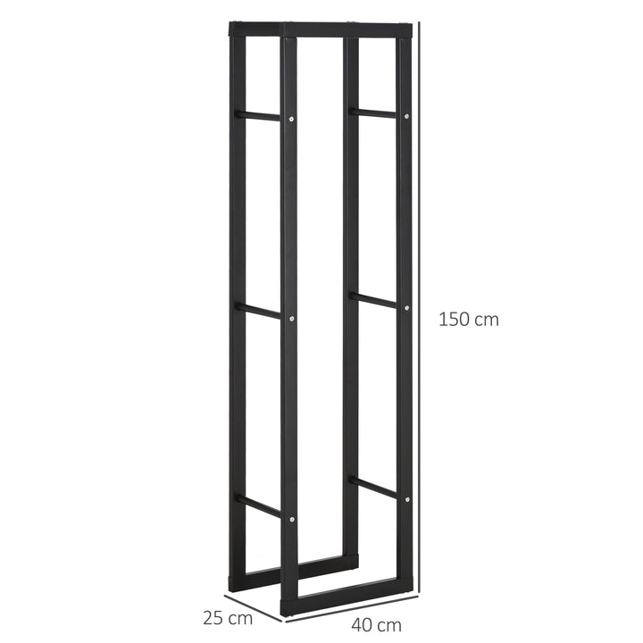 Metal Firewood Log Holder Tall Firewood Rack Indoor Outdoor Fireplace Wood Storage Shelf with Side Rails, Rust-Resistant, Black, 40W x 25D x 150H cm