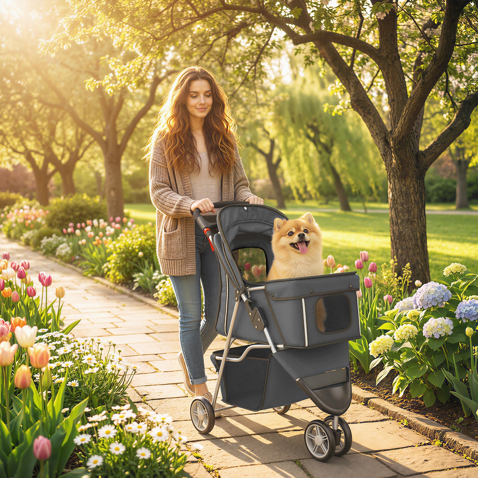 Dog Stroller, 3 Wheels Foldable Pet Stroller with Adjustable Canopy, S