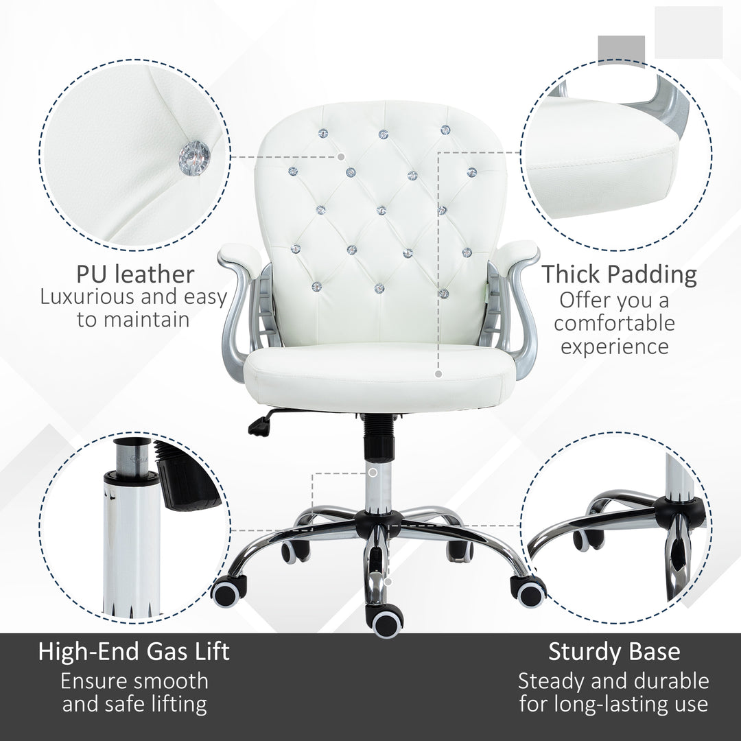 Office Chair Ergonomic 360° Swivel PU Diamante Padded Base 5 Castor Wheels for Home Work White