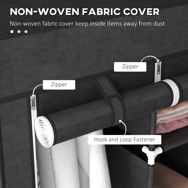 Fabric Wardrobe, with Rails and Shelves - Black