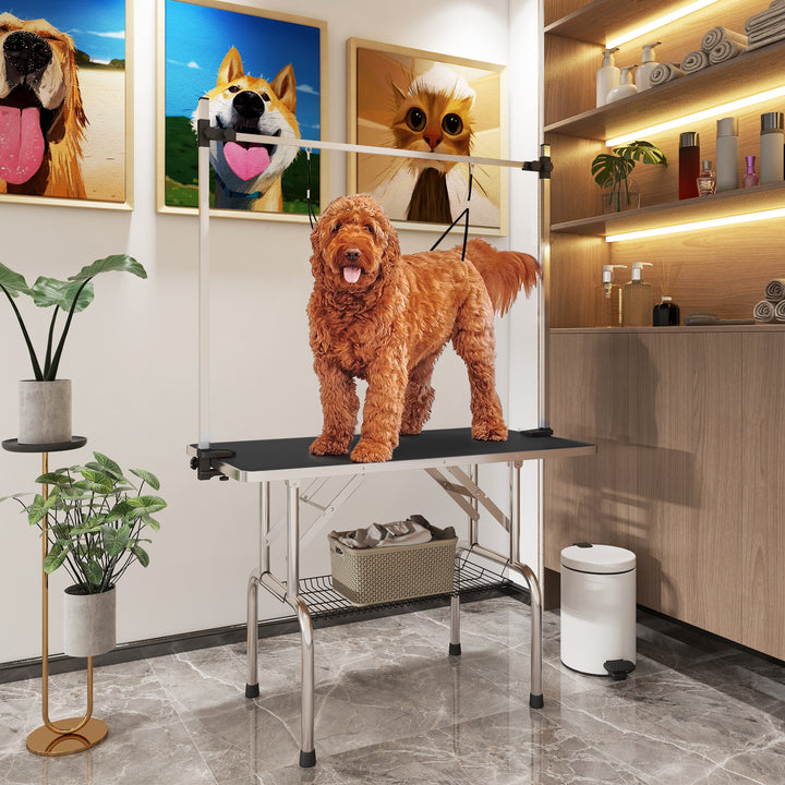 42" Dog Grooming Table, Adjustable Pet Cat Drying Beauty Table with 2 Loops Storage Basket, Rubber Top, Black
