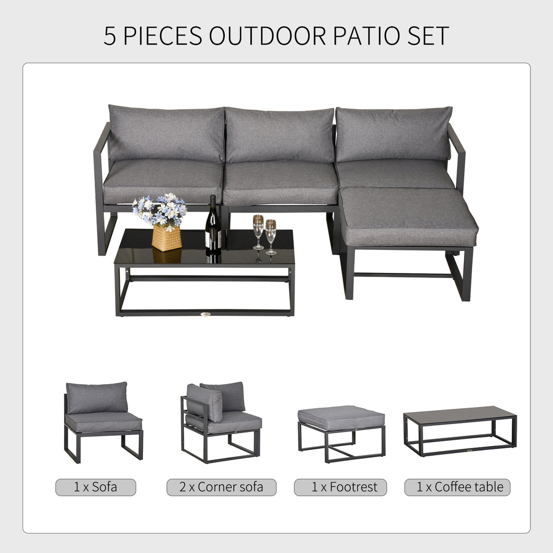 Outsunny 5 Pieces Outdoor Patio Furniture Set, Sofa Couch with Glass Coffee Table, Cushioned Chairs and Metal Frame, for Balcony Garden Backyard, Grey
