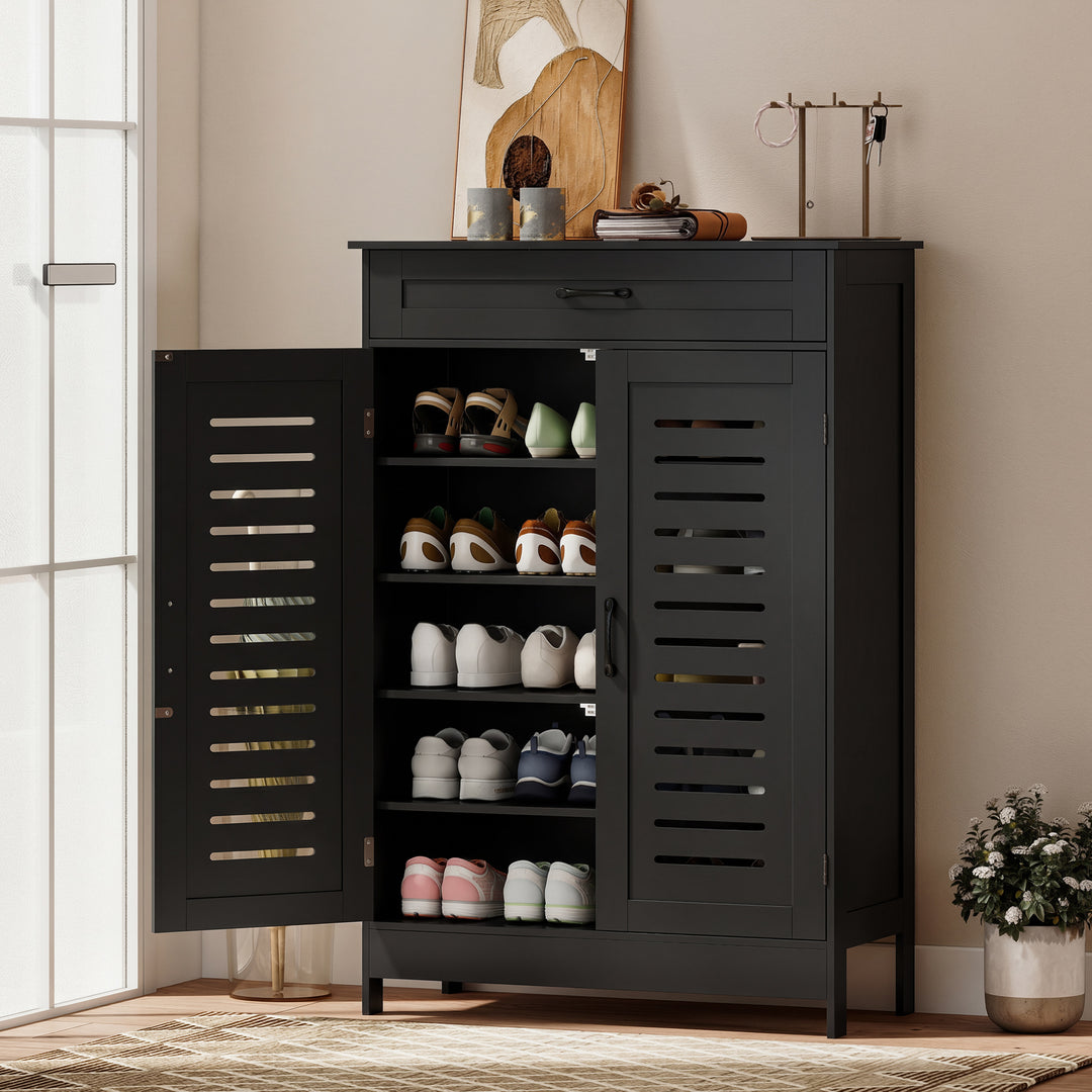 Shoe Cabinet with Louvered Doors, Modern Shoe Storage Cabinet with Dra