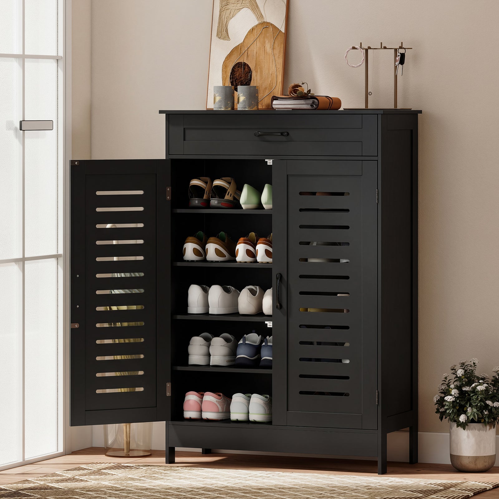 Shoe Cabinet with Louvered Doors, Modern Shoe Storage Cabinet with Dra