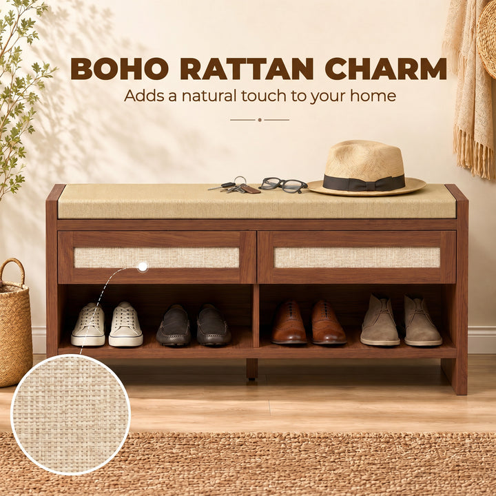 Boho Shoe Bench with 2 Rattan Drawers, Shoe Storage Bench with Cushion