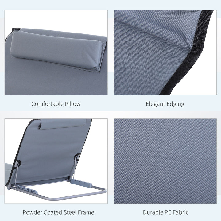 Set of 2 Foldable Garden Beach Chair Mat Lightweight Outdoor Sun Lounger Seats Adjustable Back Metal Frame PE Fabric Head Pillow w/ Carry Bag,Grey
