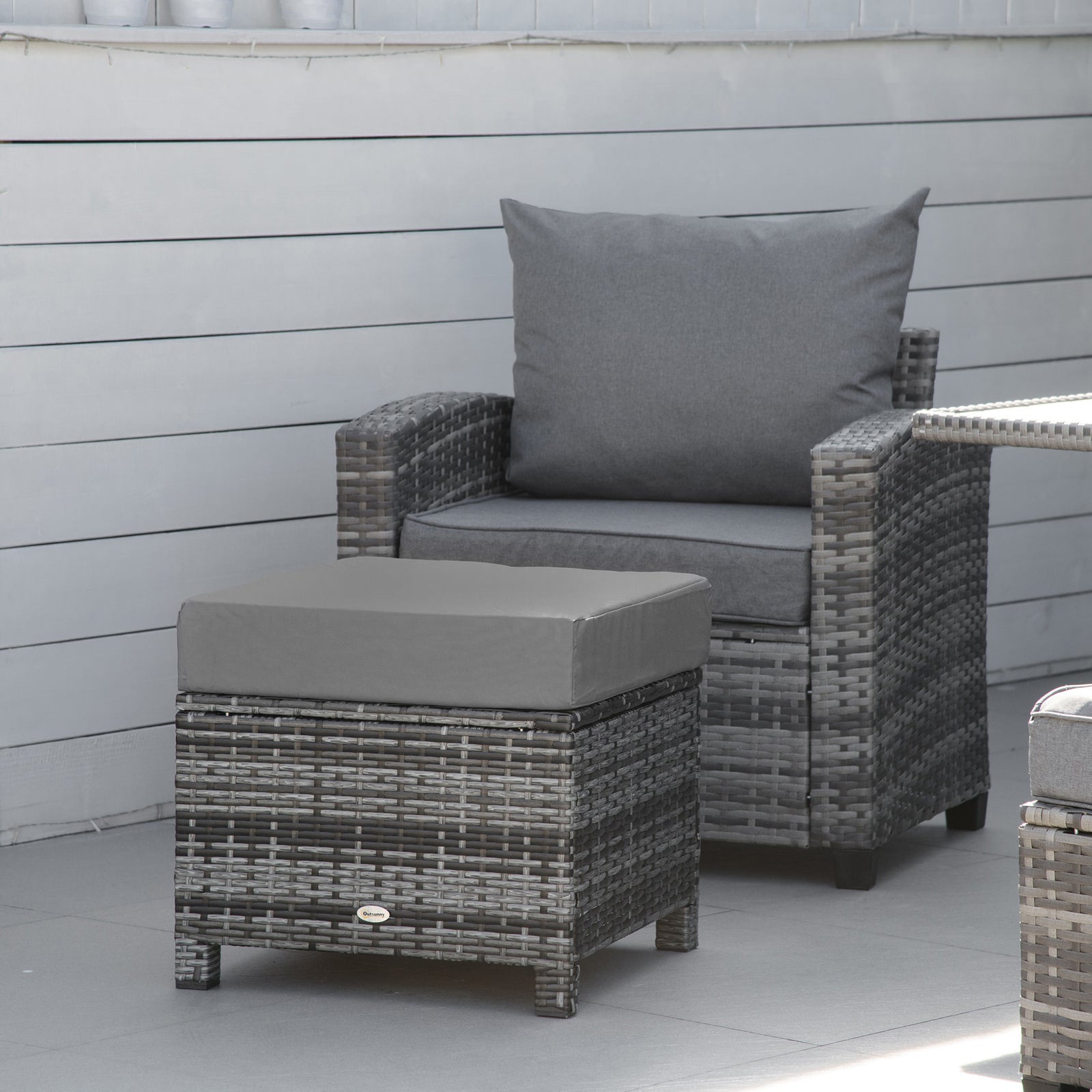 Rattan Footstool Wicker Ottoman with Padded Seat Cushion Outdoor Patio Furniture for Garden Poolside Living Room, 50 x 50 x 35 cm, Grey