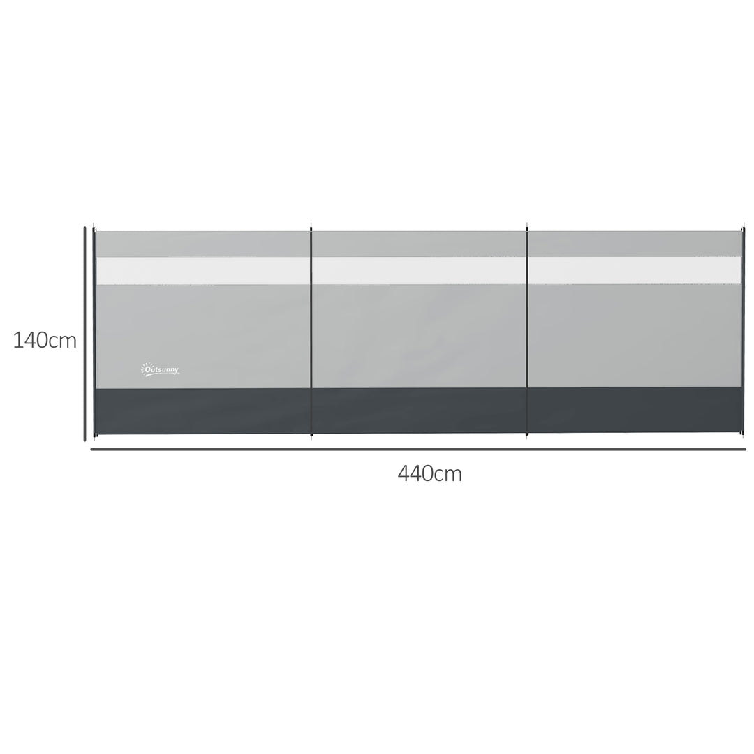 Camping Windbreaker with Clear Windows, Carry Bag and Steel Poles, for Beach Caravan Campervan, 440 x 140cm, Grey