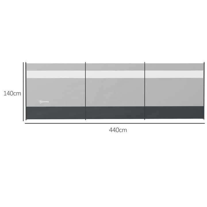 Camping Windbreaker with Clear Windows, Carry Bag and Steel Poles, for Beach Caravan Campervan, 440 x 140cm, Grey