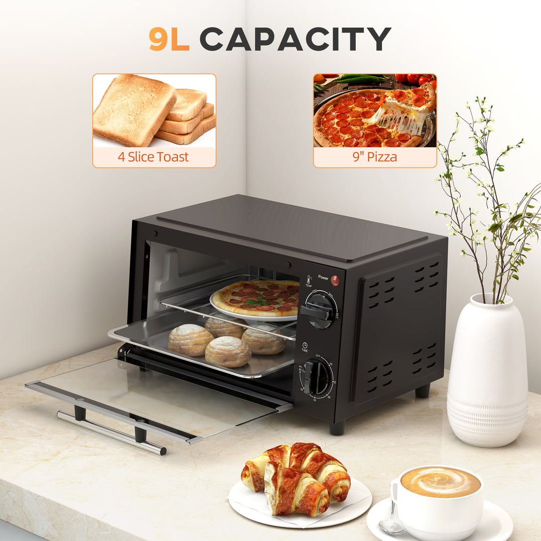 Mini Oven, 9L Countertop Electric Grill, Toaster Oven with Adjustable Temperature, Timer, Dishwasher Safe Baking Tray and Wire Rack, 750W, Black