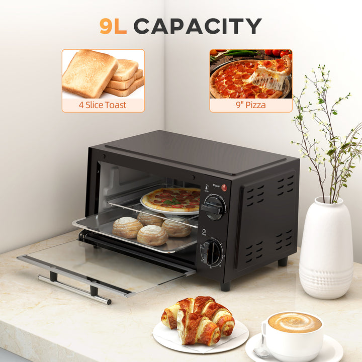 Mini Oven, 9L Countertop Electric Grill, Toaster Oven with Adjustable Temperature, Timer, Dishwasher Safe Baking Tray and Wire Rack, 750W, Black
