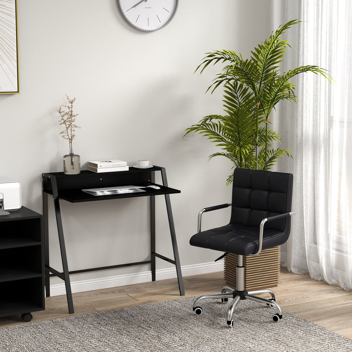 HOMCOM Office Chair and Desk Set, Faux Leather Swivel Chair with Wheels & Study Desk with Storage Shelf, Black
