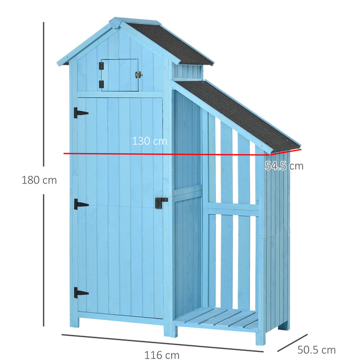 MCL Wooden Shed, Garden Storage Cabinet with Log Store, Waterproof Asphalt Roof and Lockable Door, Narrow Tool Organizer, 130 x 55 x 180 cm