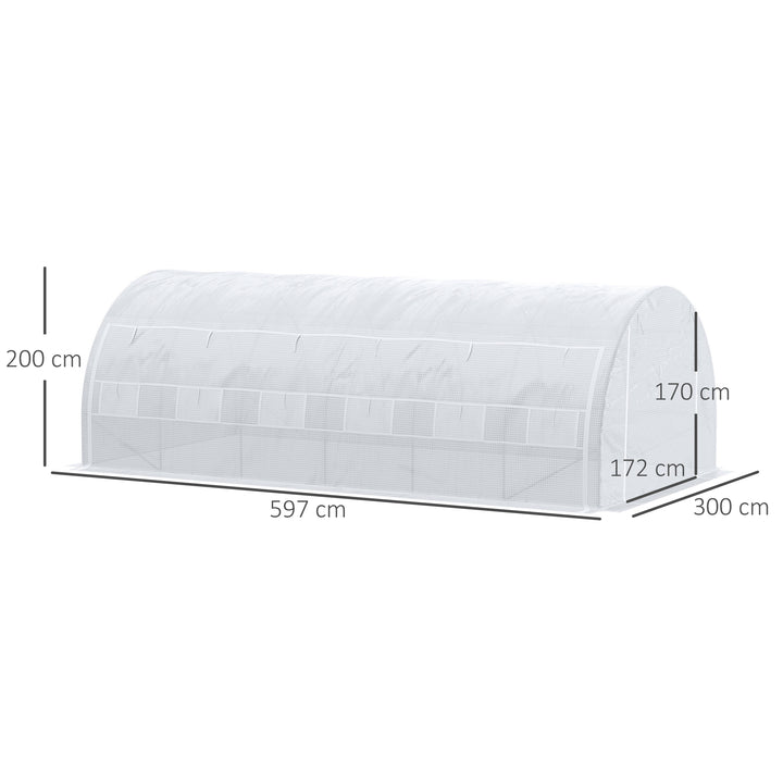 6 x 3 x 2 m Polytunnel Greenhouse with Roll-up Side Walls, Walk-in Grow House Tent with Steel Frame, Reinforced Cover, Zipped Door and 12 Mesh Windows for Garden, White