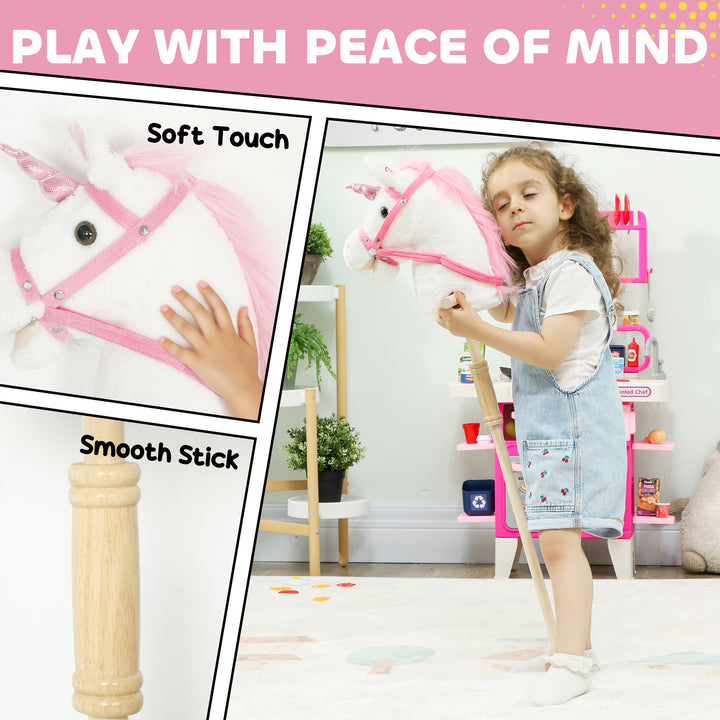 Unicorn Stick Horse with Wood Wheels, Real Pony Neighing and Galloping Sounds, Grip Handle, 95 cm